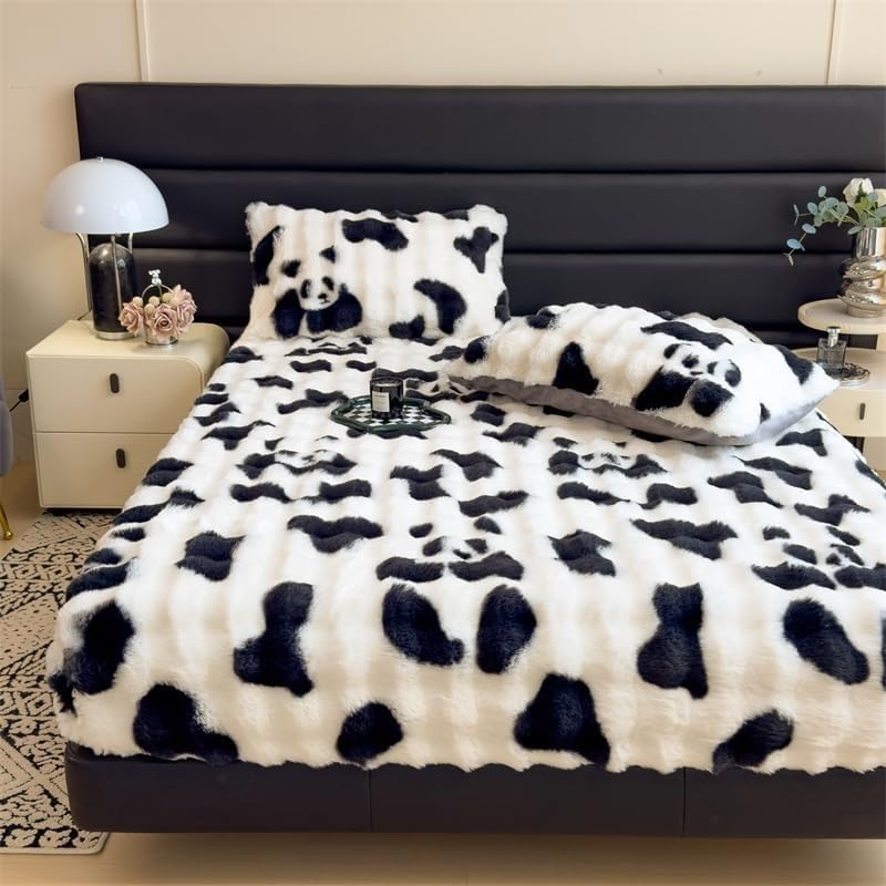 Fitted Sheet Full, Fluffy Thickened Fitted Sheet，Flannel Warm Tie Dyed Mattress Cover, with 11" Deep Pocket, No Pillowcases(Panda,King70 x78)