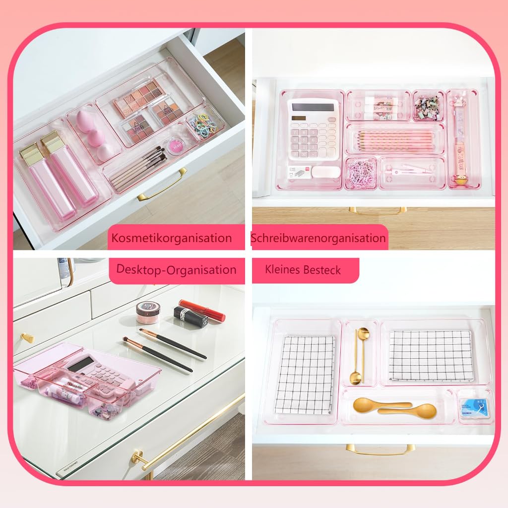 Schubladen Organizer, 25 Stück in 4 Größen, Kunststoff, Schminktisch und Make-up Organizer, Ordnungssystem (Rosa)