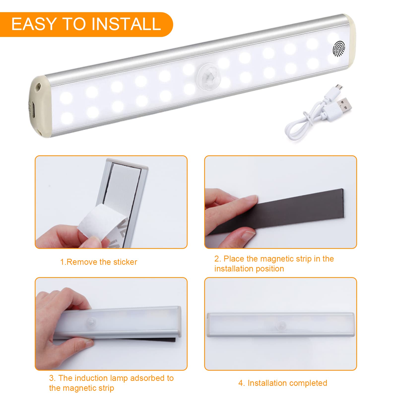 Lampy szafki z czujnikiem ruchu, Led pod szafką kuchenną, oświetlenie szafki z możliwością ładowania USB z samoprzylepnymi paskami magnetycznymi (24 białe światła dotykowe × 3)
