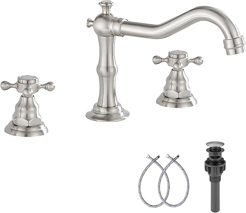 GGStudy - Grifo mezclador de 2 manijas para lavabo de tres agujeros, para lavabo de baño extendido de 8 a 16 pulgadas, con desagüe de metal que se