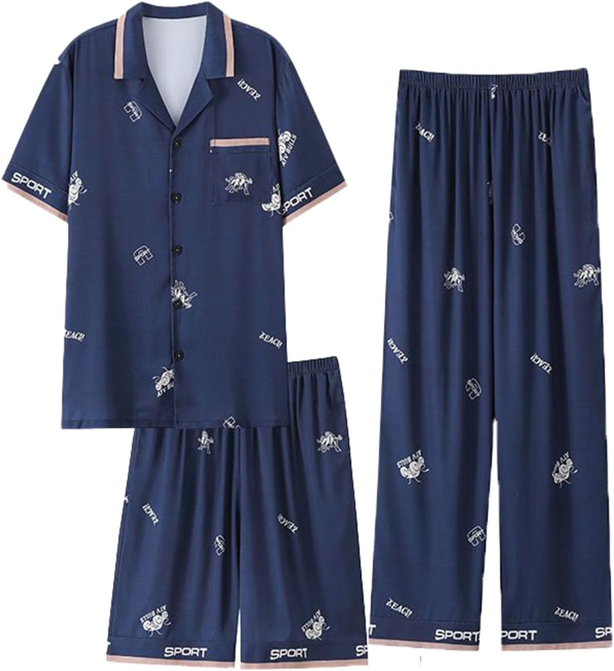 3-Pcs Men's Satin Pajamas Set Summer Plus Size Button Up Short-Sleeved Shorts Pjs Set L-3XL