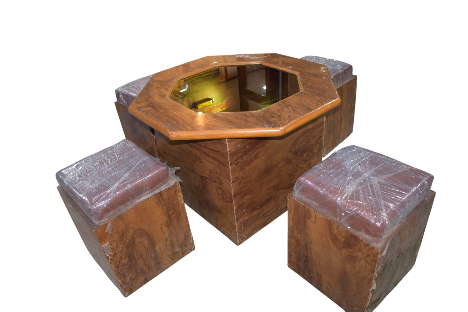Lumber Park Mysterious Well Octagonal Wooden Coffee Table Set/Poker Table with Glass Top and 4 Stools, Teak Marble Finish and led Round Light with Hidden Bunker-image-41