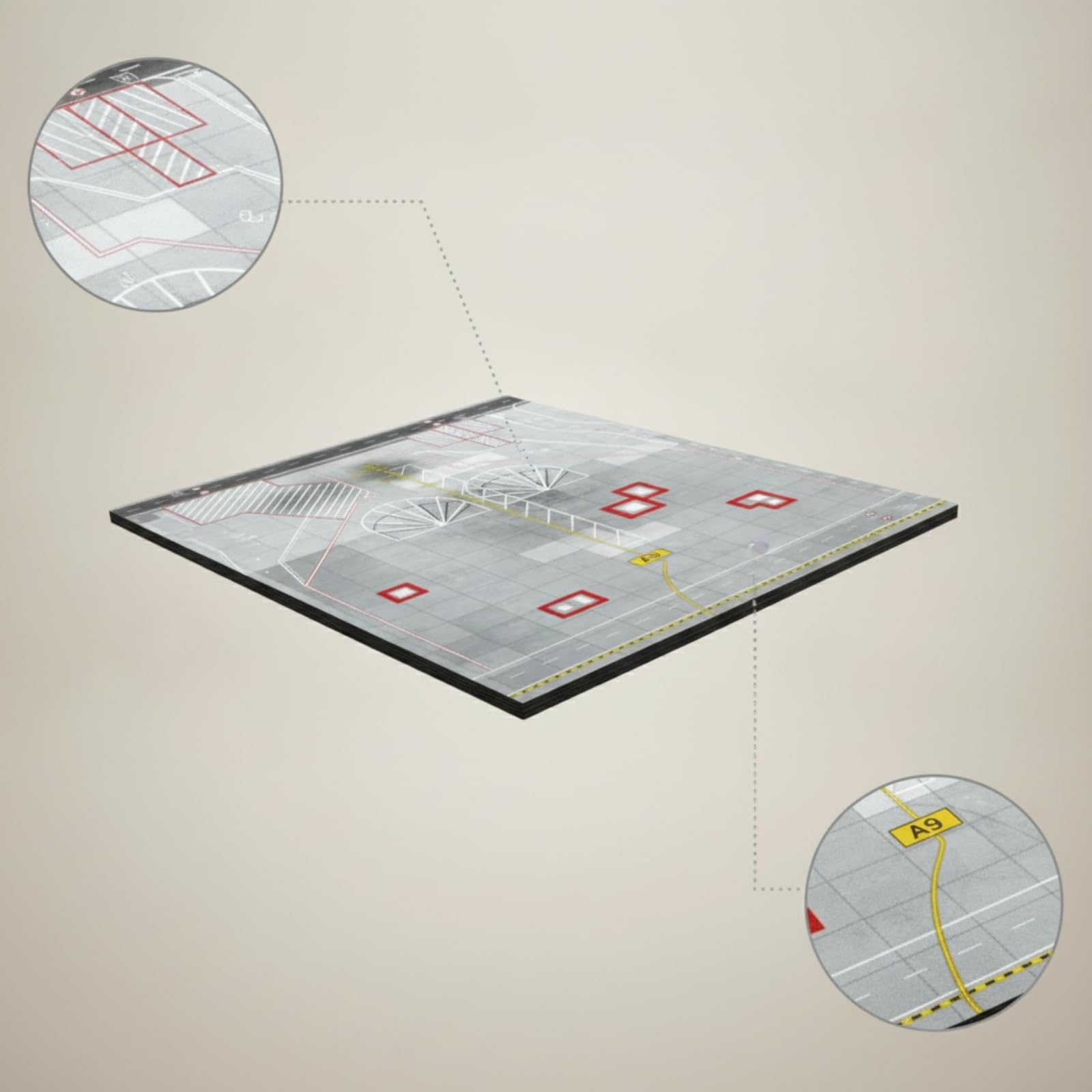 Display Stand Base Espositiva Taxiway Aereo Modello Diorama Legno Tavola Piatta con Pavimentazione a Griglia Linee Bianche Rosse Gialla Etichetta A9