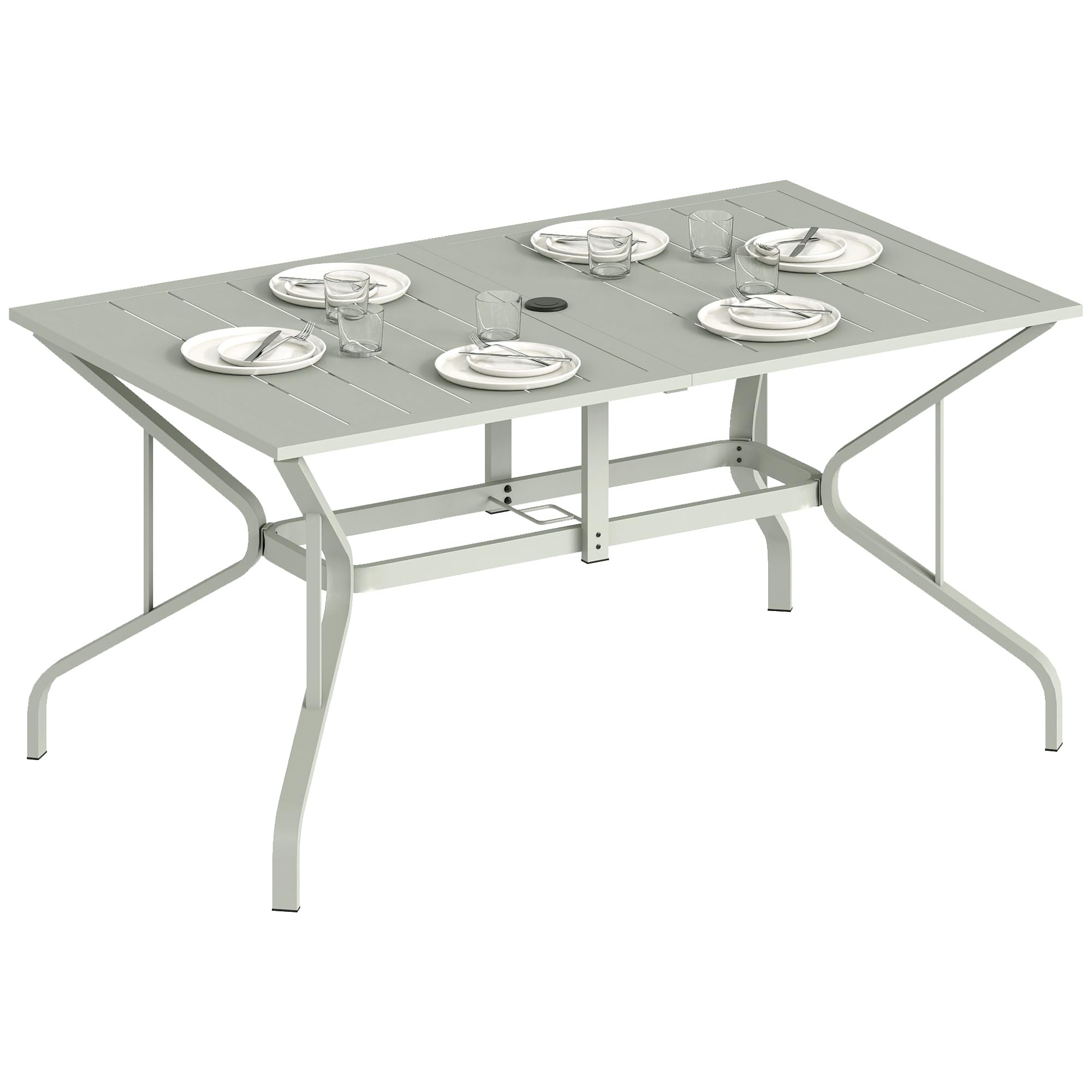 Outsunny Rectangle Garden Table with Parasol Hole, Outdoor Dining Table for 6, Patio Table with Steel Frame and Slat Tabletop for Balcony, 150cm x 90 cm, Light Grey