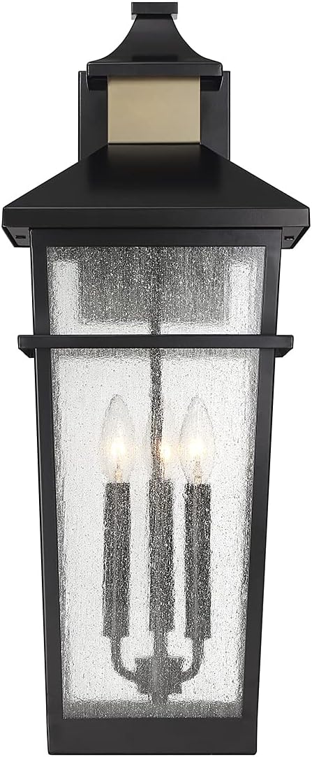 Savoy House 5-715-143 Kingsley Coastal Modern Clear Seeded Glass Outdoor Wall Lantern, 3-Light 120 Total Watts, 25" H x 10" W, Matte Black with Warm Brass