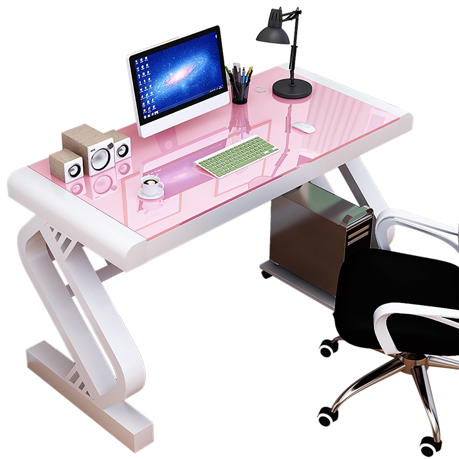 SXZenSpace Modern Office Desk with Tempered Glass Desktop, Computer Simple Gaming Metal Legs, Study Writing for Home Workstation(120x60x75cm(47x24x29inch), Pink)