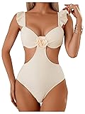 WDIRARA Women's 3D Floral Decor Cut Out Textured One-Piece Bikini Swimwear Backless Sleeveless Cheeky Swimsuit Beige Large