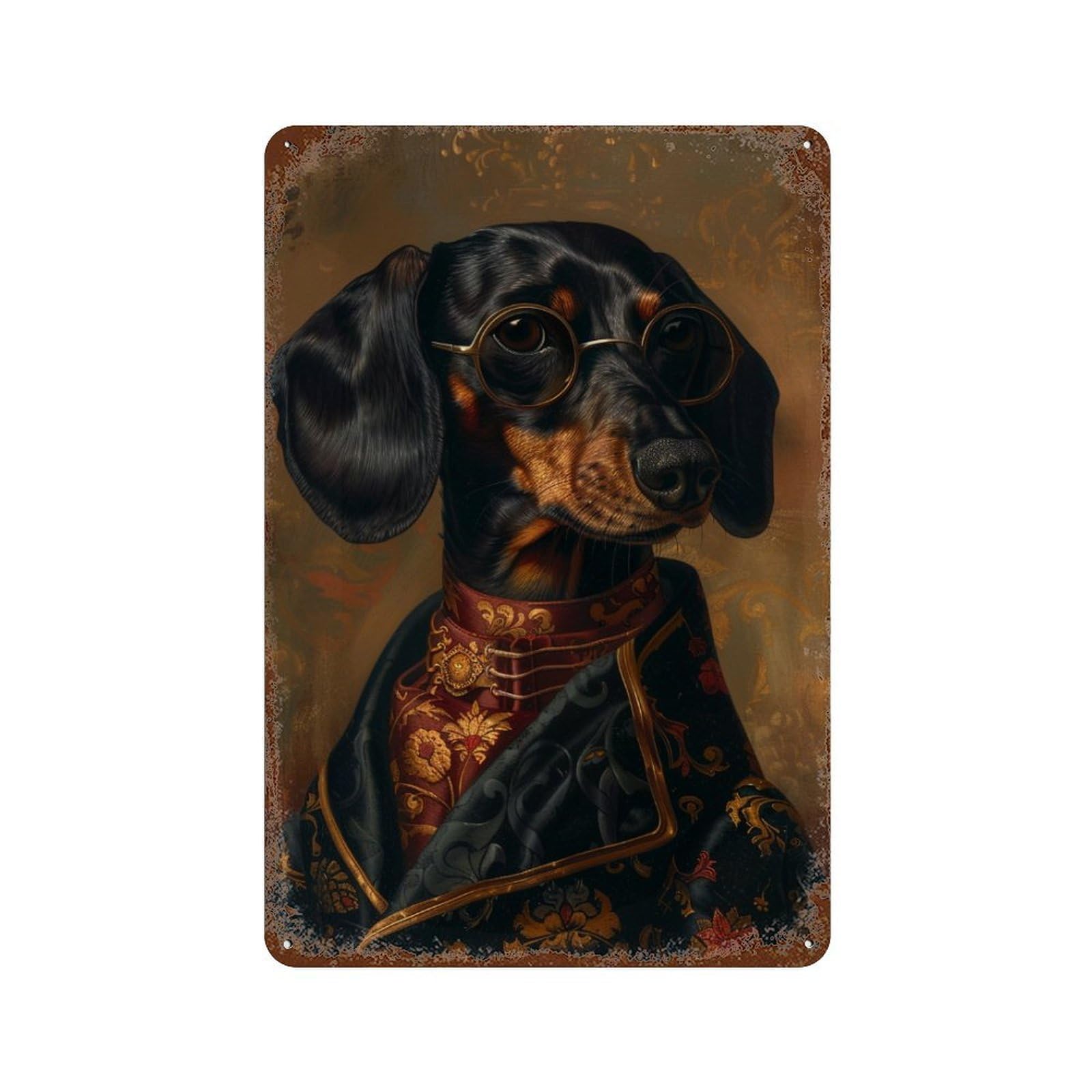 Royal Dachshund Portrait Art Print Rustic Tin Plaque 11.8"x7.9", Industrial Home Decor for Pub, Kitchen And Man Cave Decor