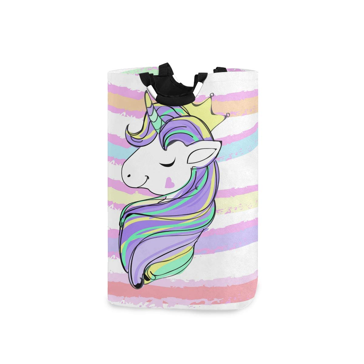 Large Storage Basket Collapsible Organizer Bin Laundry Hamper for Nursery Clothes Toys, Unicorn Head On Tender Striped
