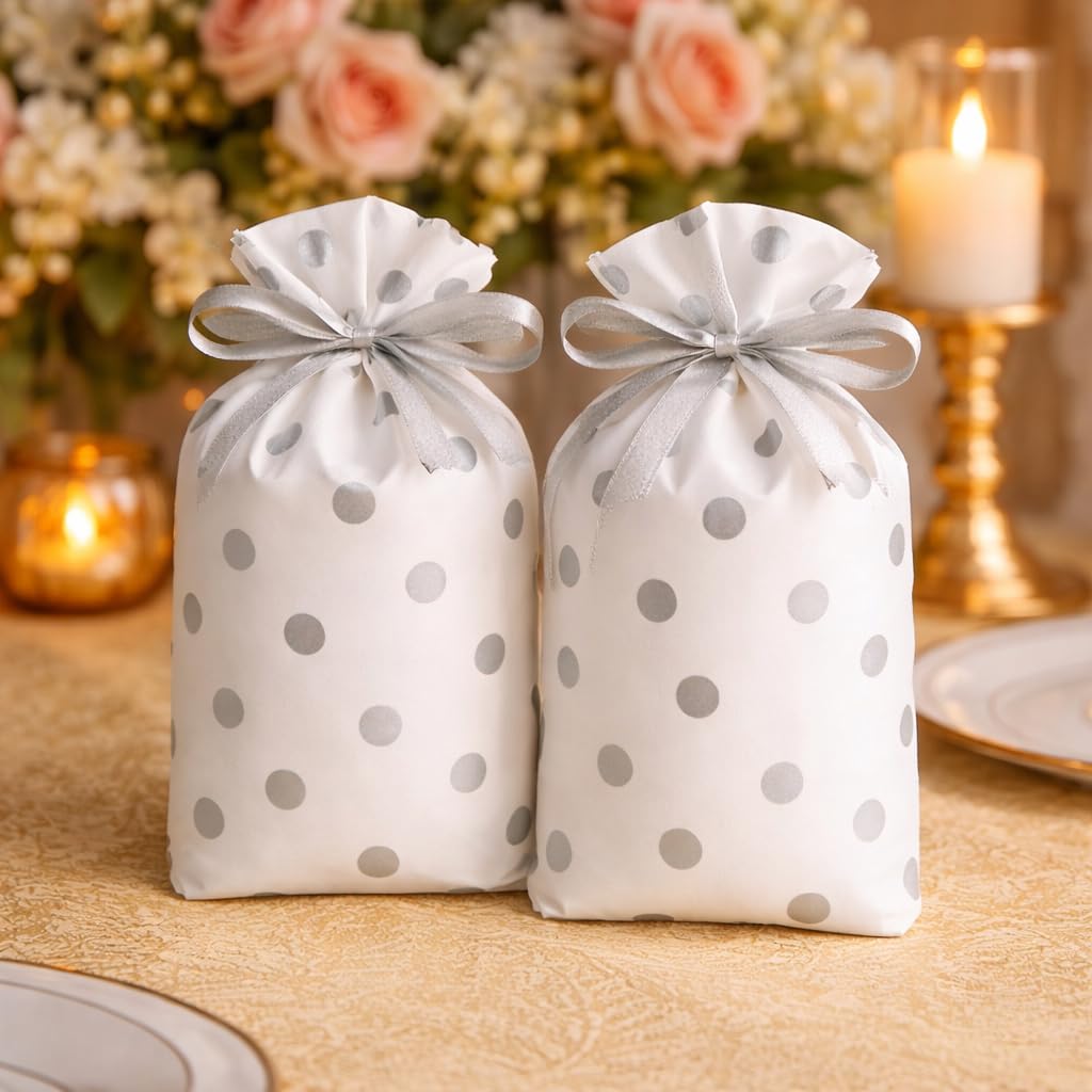 SATYAM KRAFT 20 Pcs Polka dot Gift Pouches for Birthday Return Gift Box- Potli, Goodie bag -Gift Pouches for chocolates, Dry fruits, Party Favors, Wedding,Anniversary and Festive Packing (Silver)-image-20
