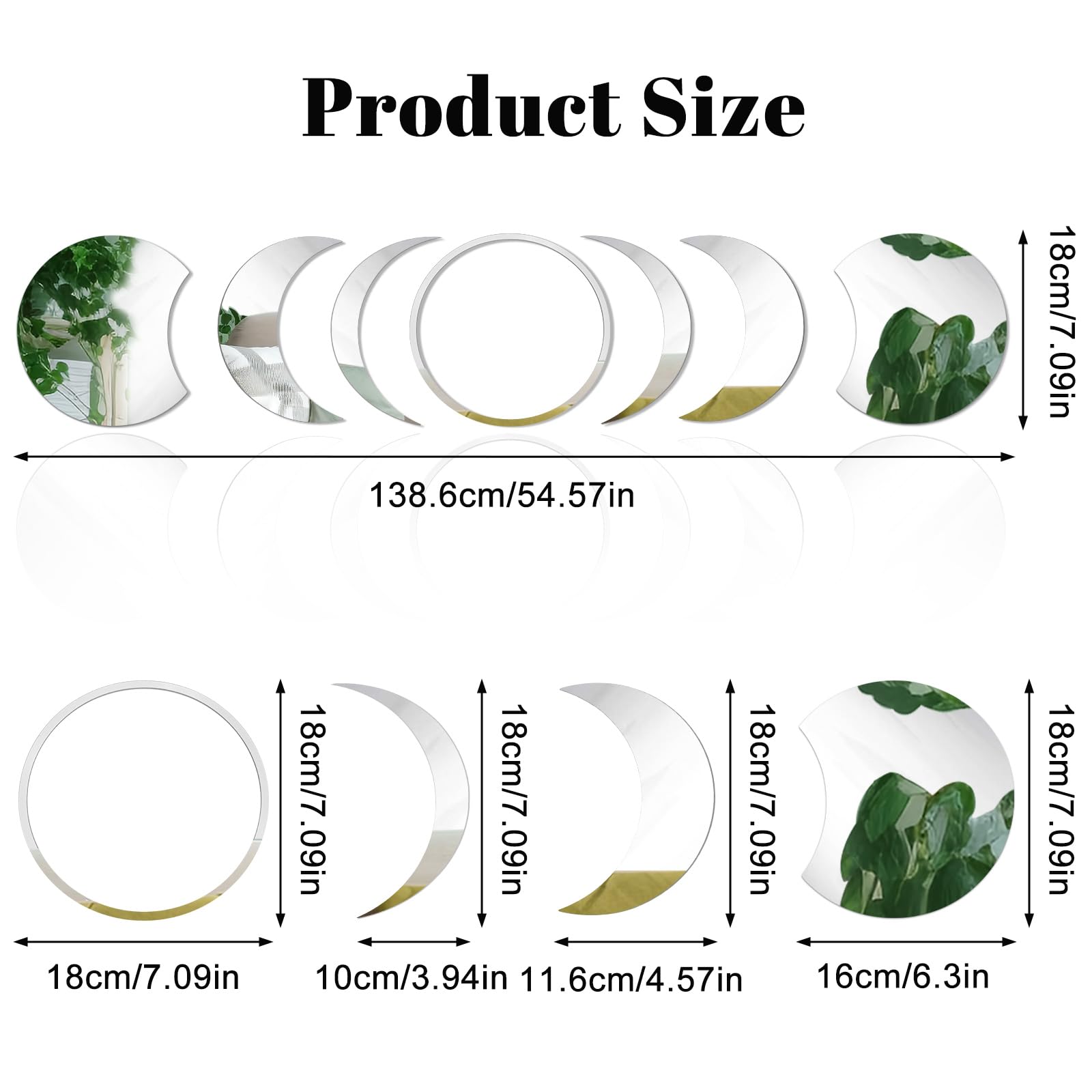 CUGBO Moon Phase Acrylic Mirror Wall Stickers, Moon Shape DIY Self Adhesive Mirror Sticker Wall Decorations for Living Room Bathroom Bedroom Office Art Decor (Moon Phase1)