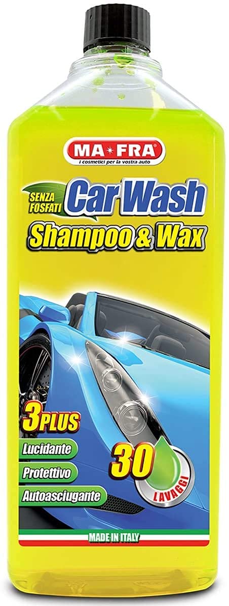 Ma-Fra Kit Trattamento Auto Interno ED Esterno. TRATTAMENTO 3IN1 TESSUTO- PLASTICHE- CAR WASH SHAMPOO E CERA, più 7 Panni Microfibra Multiuso 30x35 cm