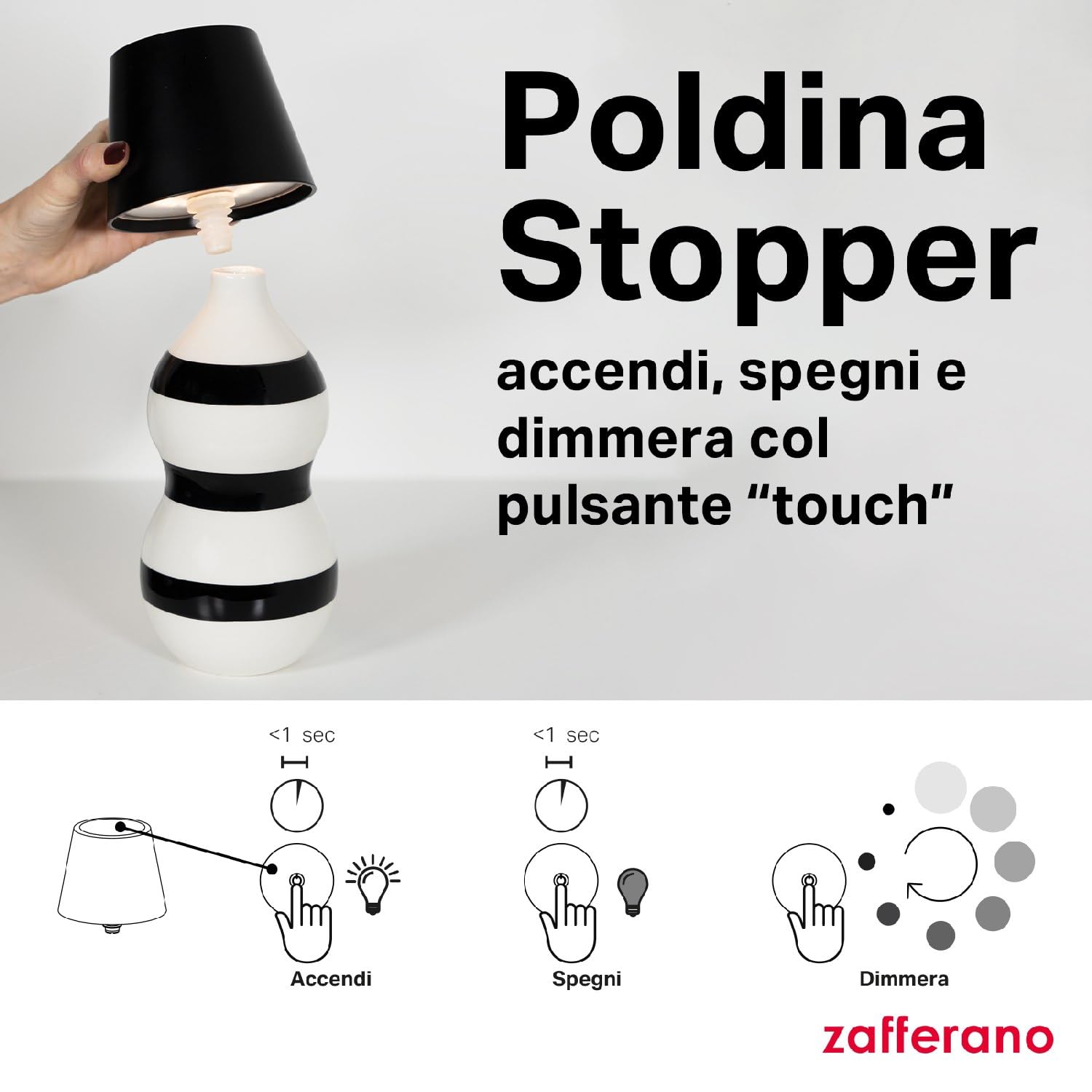 Zafferano, Lampada Poldina Stopper, Lampada per Bottiglia Ricaricabile e Senza Fili con Controllo Touch, Adatta per Salotto ed Esterni, Dimmer, 2200-3000 K, Altezza 11 cm, Colore Rosso