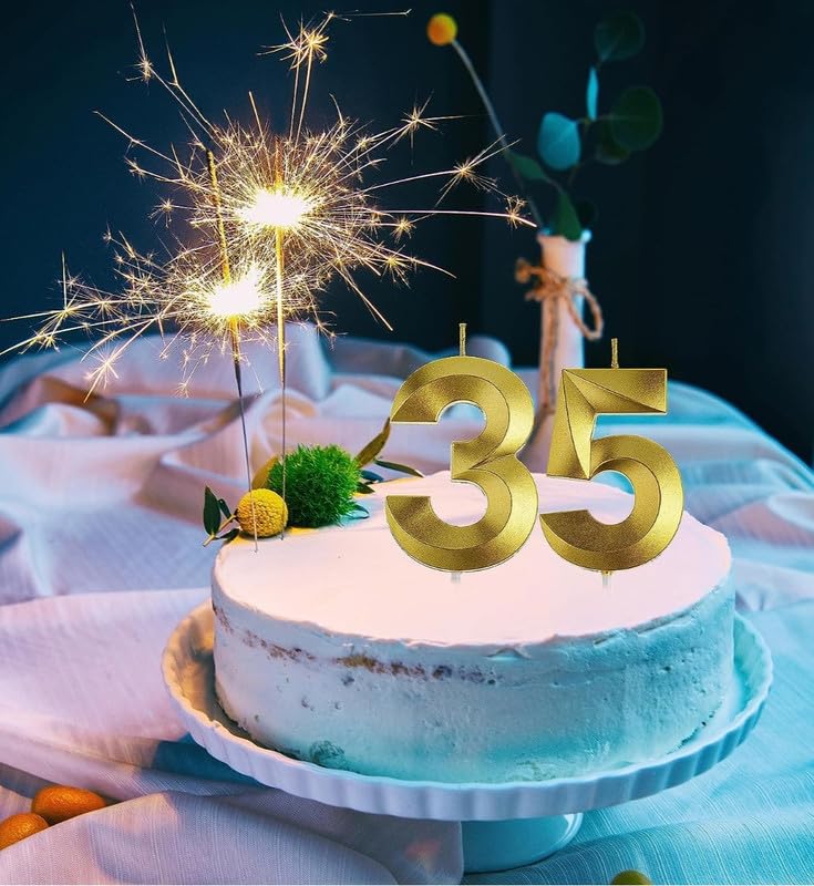 Image of Number 35 or 53 Wax Candle with Crown for Birthday, Wedding, Engagement, Valentines Day Celebration, Bachelorette Cake Topper for Decoration 2 Pcs, Gold, Unscented