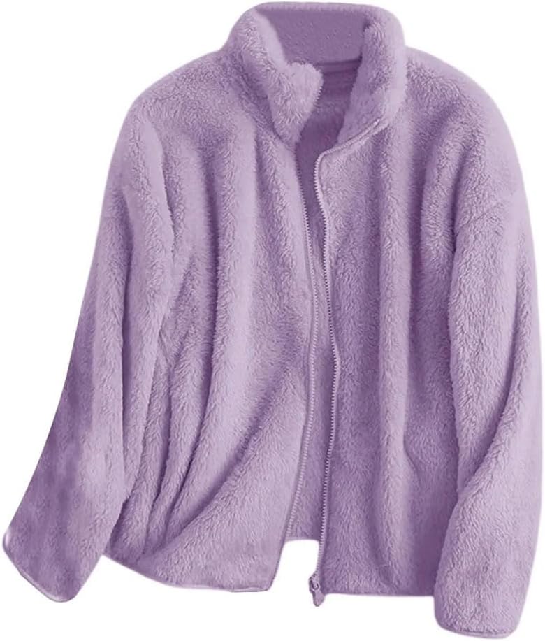 Women's Sherpa Fleece Zip Up Jacket Solid Color Thick Comfortable Fall Winter Daily Cardigan Coat
