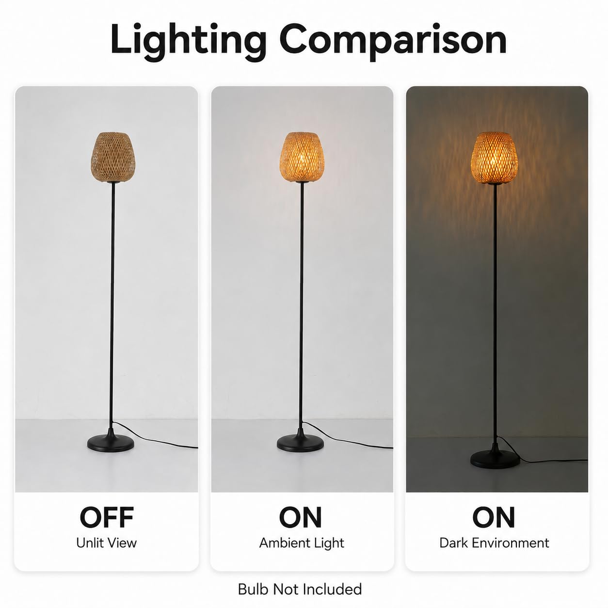 Alpinaluz Lampa Stojąca E27 Naturalny Klosz Wiklina Bambus Czarna Podstawa | Ręcznie pleciony klosz i czarna metalowa baza, styl nordycki boho do salonu, sypialni, przy sofie i kącika czytelniczego