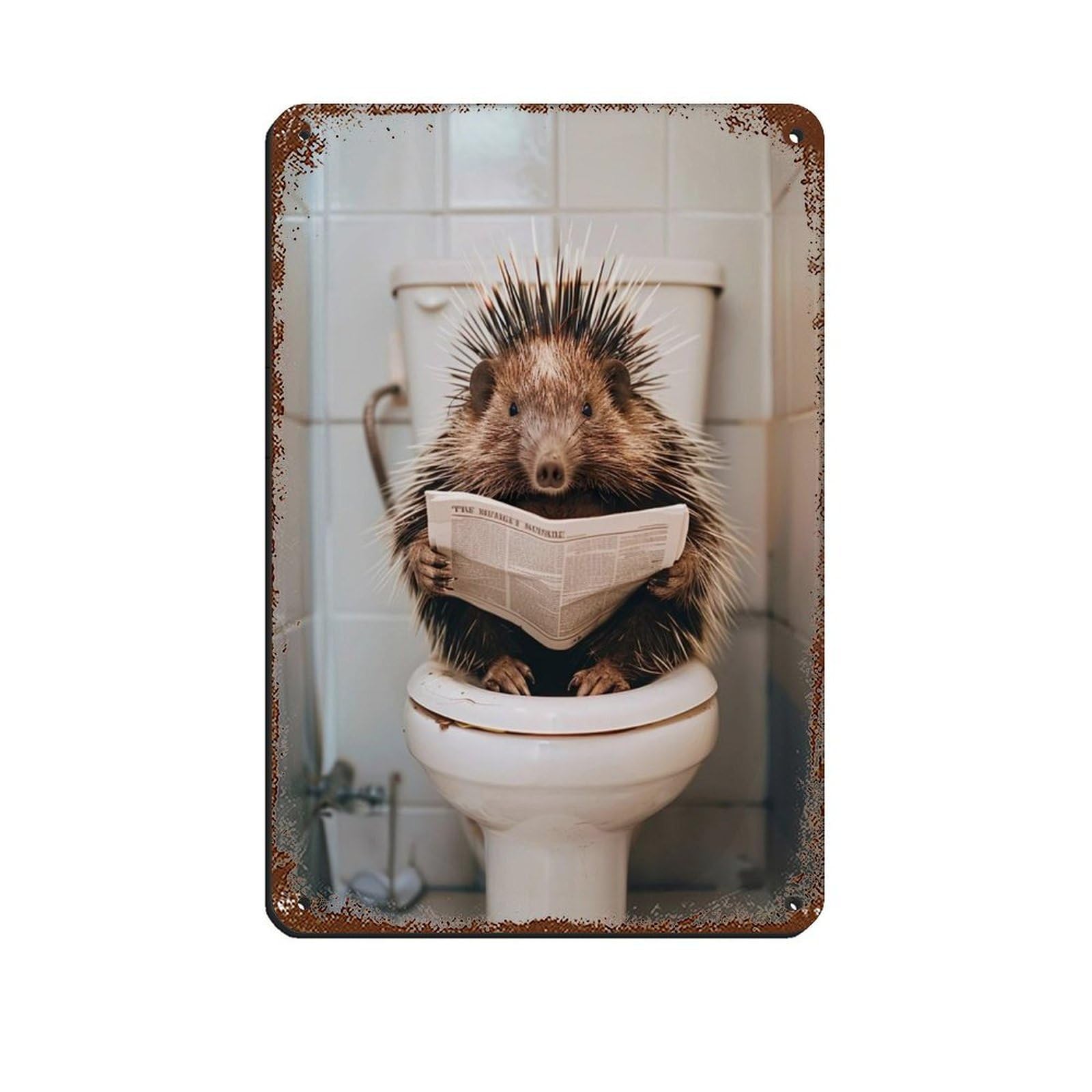Porcupine Sitting on The Toilet Reading A Newspaper (12) Retro Poster Metal Tin Sign Chic Art Retro Iron Painting Bar People Cave Cafe Family Garage Poster Wall Decoration 8x12inch(20x30cm)