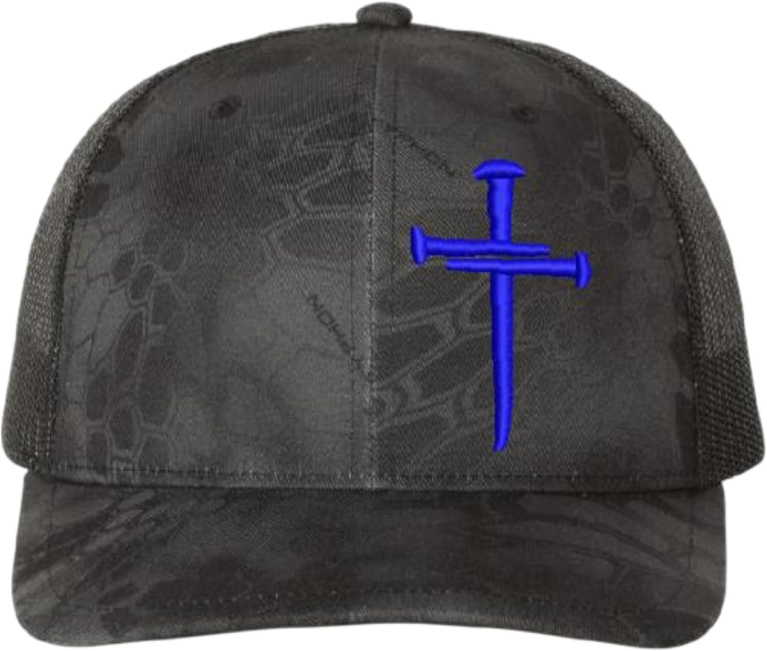 Christian Cross Baseball Cap, Religious Sacred Nails Design, Typhoon Mesh Back Snap Back CAMO HAT with Royal Blue Embroidered Faith Design