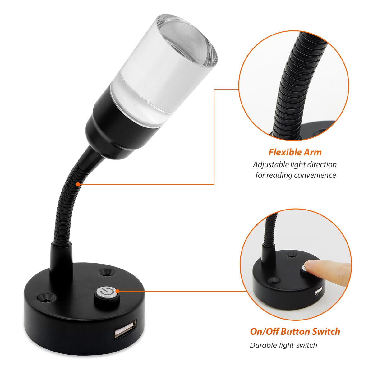 Dream Lighting Czarny czytnik e-booków LED 12 V z USB do kampera, przyczepy kempingowej, łodzi kempingowej, RV, lampa punktowa LED, 12 V, ciepła biel, 3000 K, oświetlenie wewnętrzne 2 W, 100 lm, 2
