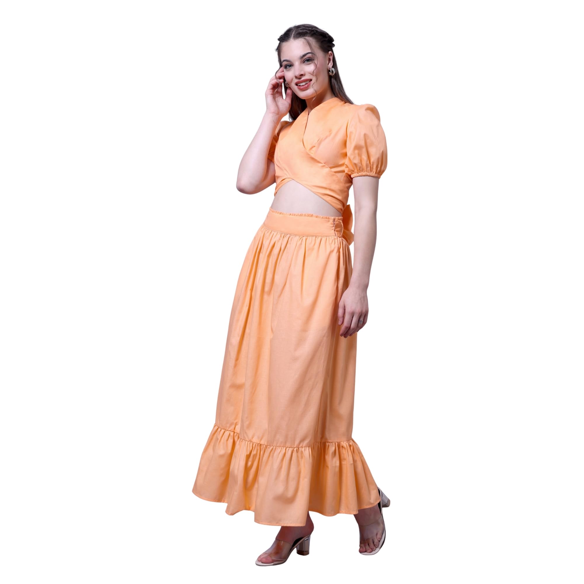 black banana Orange Wrap Crop Top & Maxi Skirt Co-Ord Set for Women & Girls Size, L-picture-15