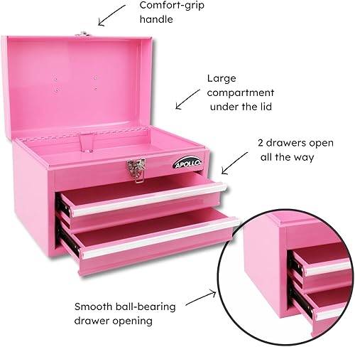 Vista 2 de Caja de herramientas portátil Apollo de 14 pulgadas en acero con compartimento superior profundo y 2 cajones en acero resistente con apertura