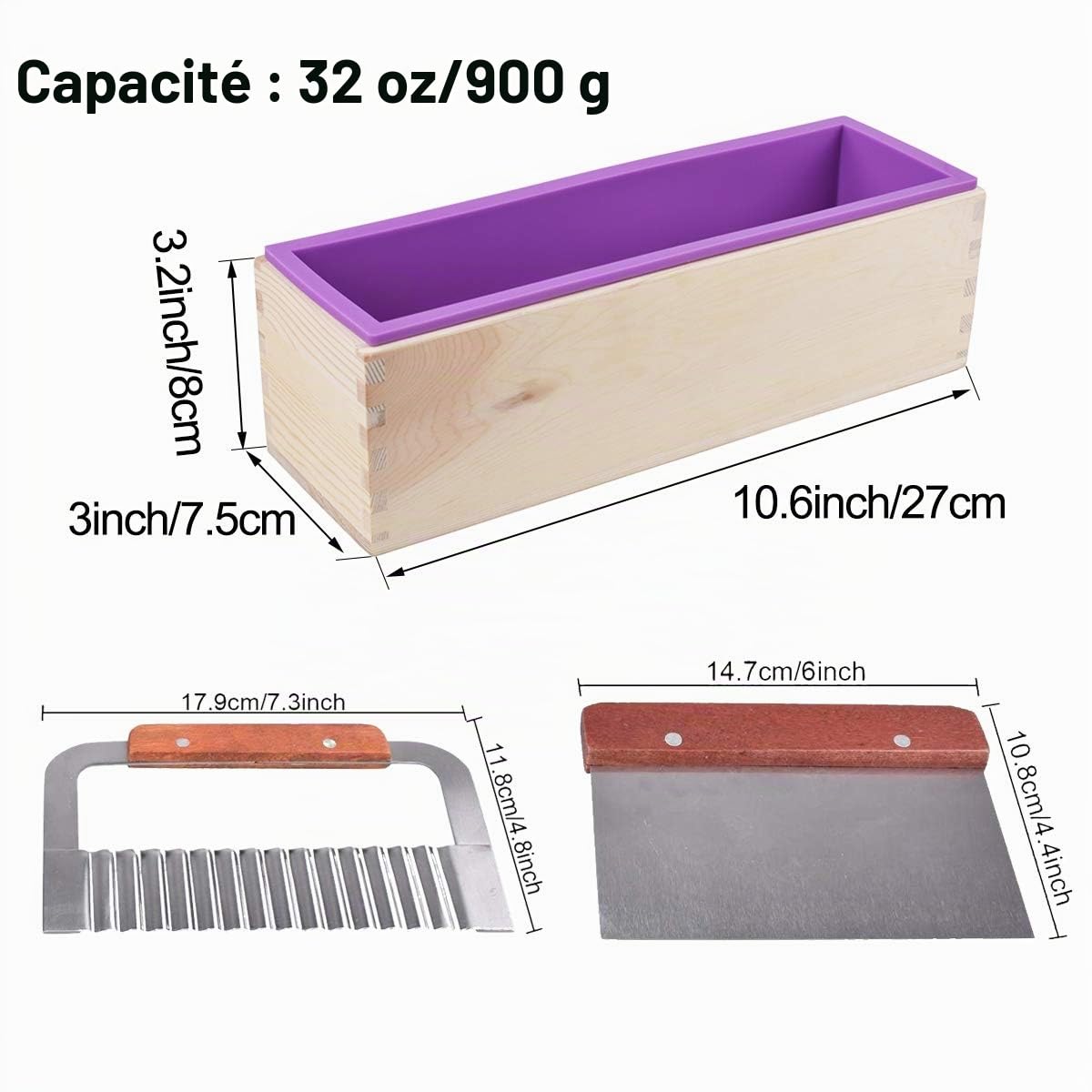Moule à savon en bois et ensemble de coupe - 2 pièces de moule rectangulaire en silicone de différentes tailles et 1 pièce de coupe droite en acier inoxydable et coupe-vague