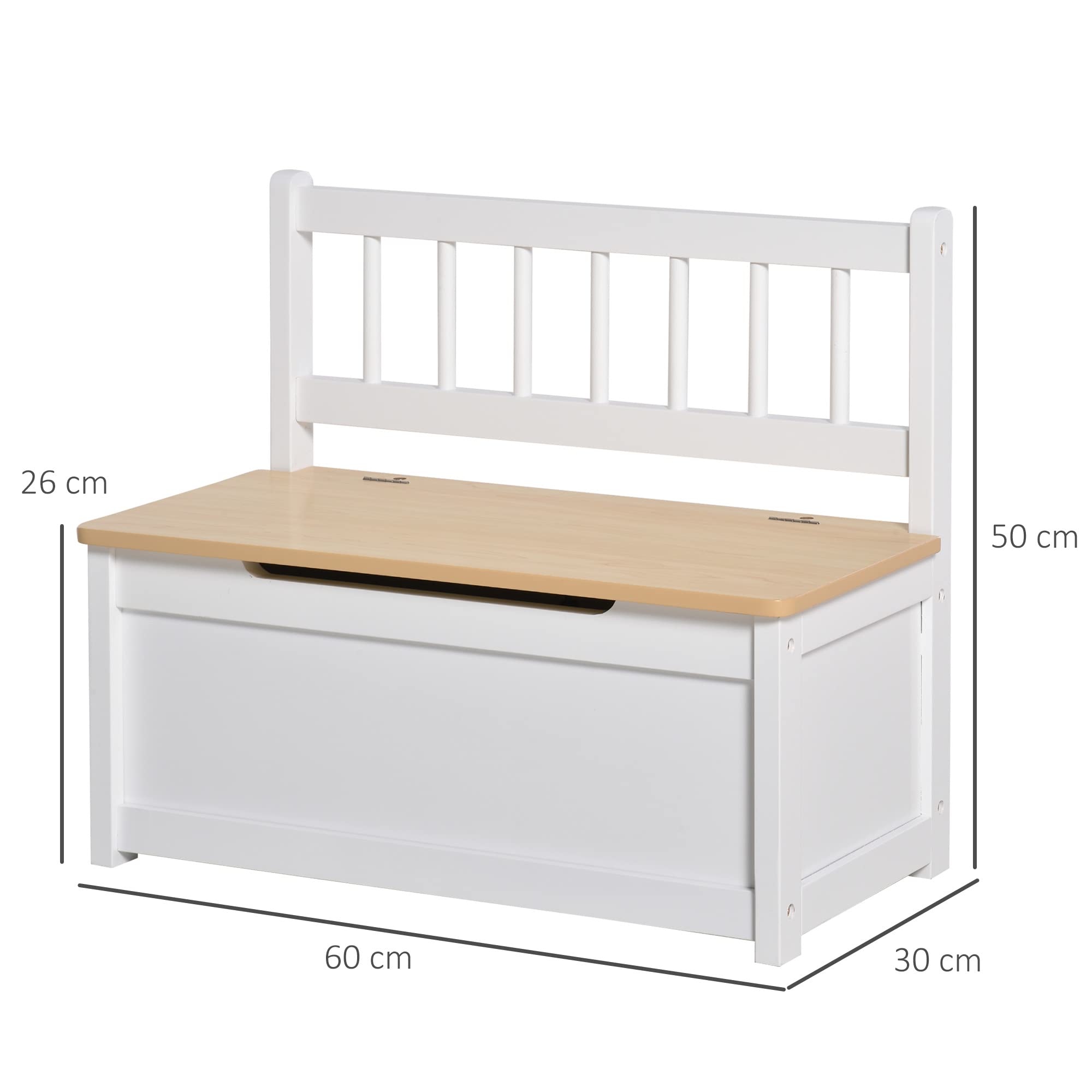 HOMCOM Baúl para Juguetes Banco Almacenaje para Niños con Respaldo y Tapa Amortiguadora Carga 40 kg para Salas de Juego Dormitorio 60x30x50 cm Blanco