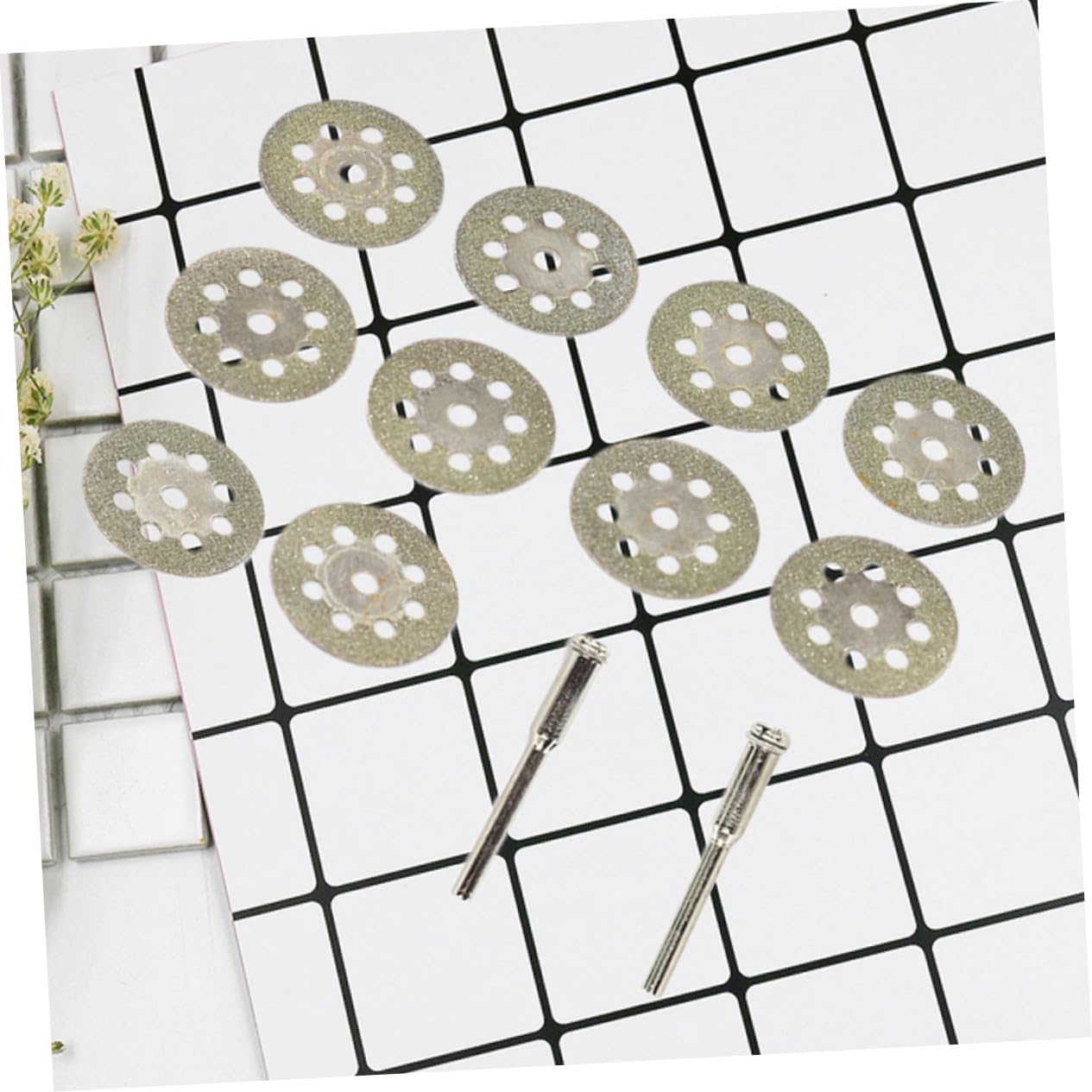Mini Diamond Cutting Discs for Rotary Tools, 25mm 10 Pieces | Carborundum Build, 8 Hole Design, 2 Rods Included, Silver Finish, Suitable for Ceramics and Carbide