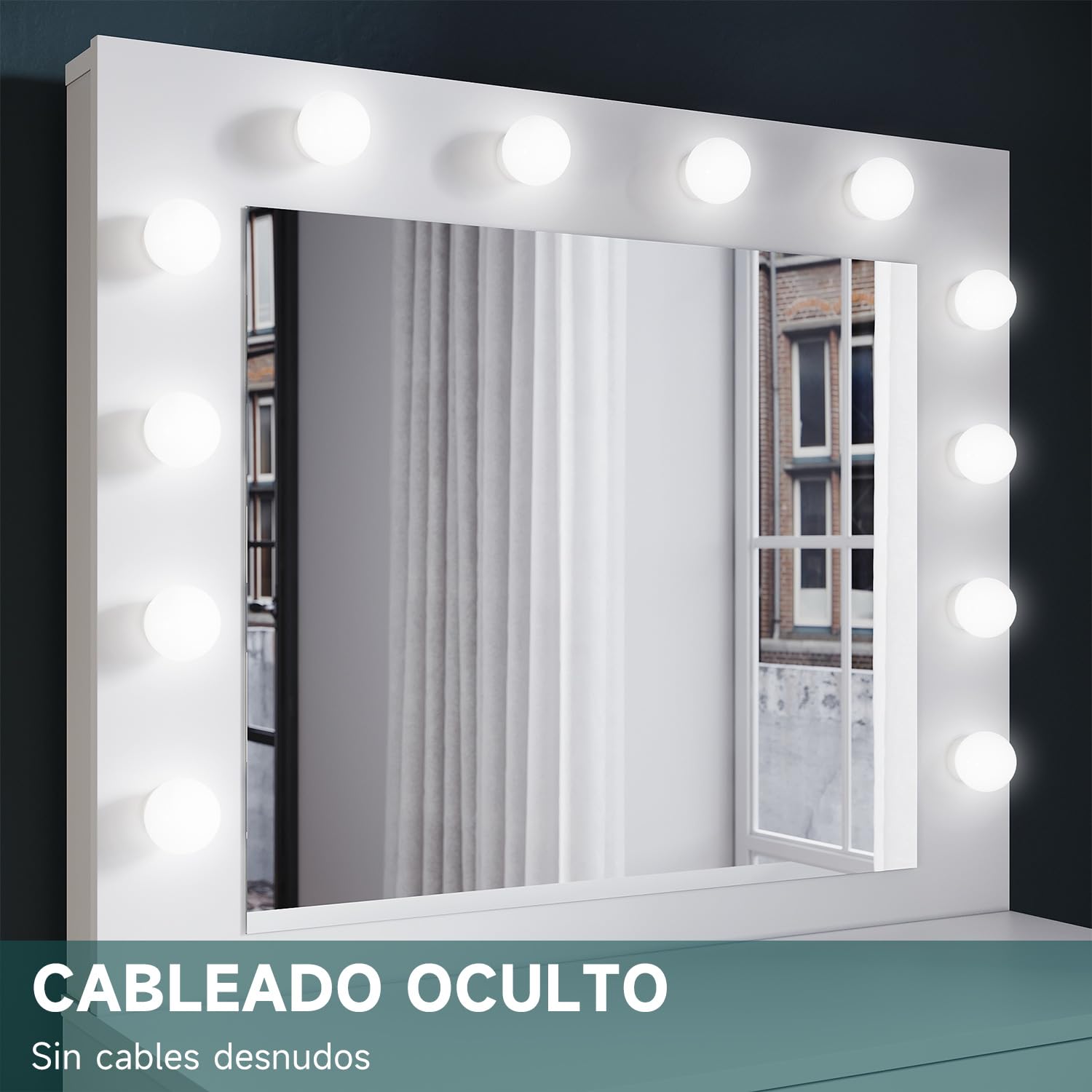 SONNI Tocador, 12 Luces LED con Brillo Ajustable, 1 Cajones Grandes y Taburete, Estilo Moderno, 80x40x140cm-Blanco