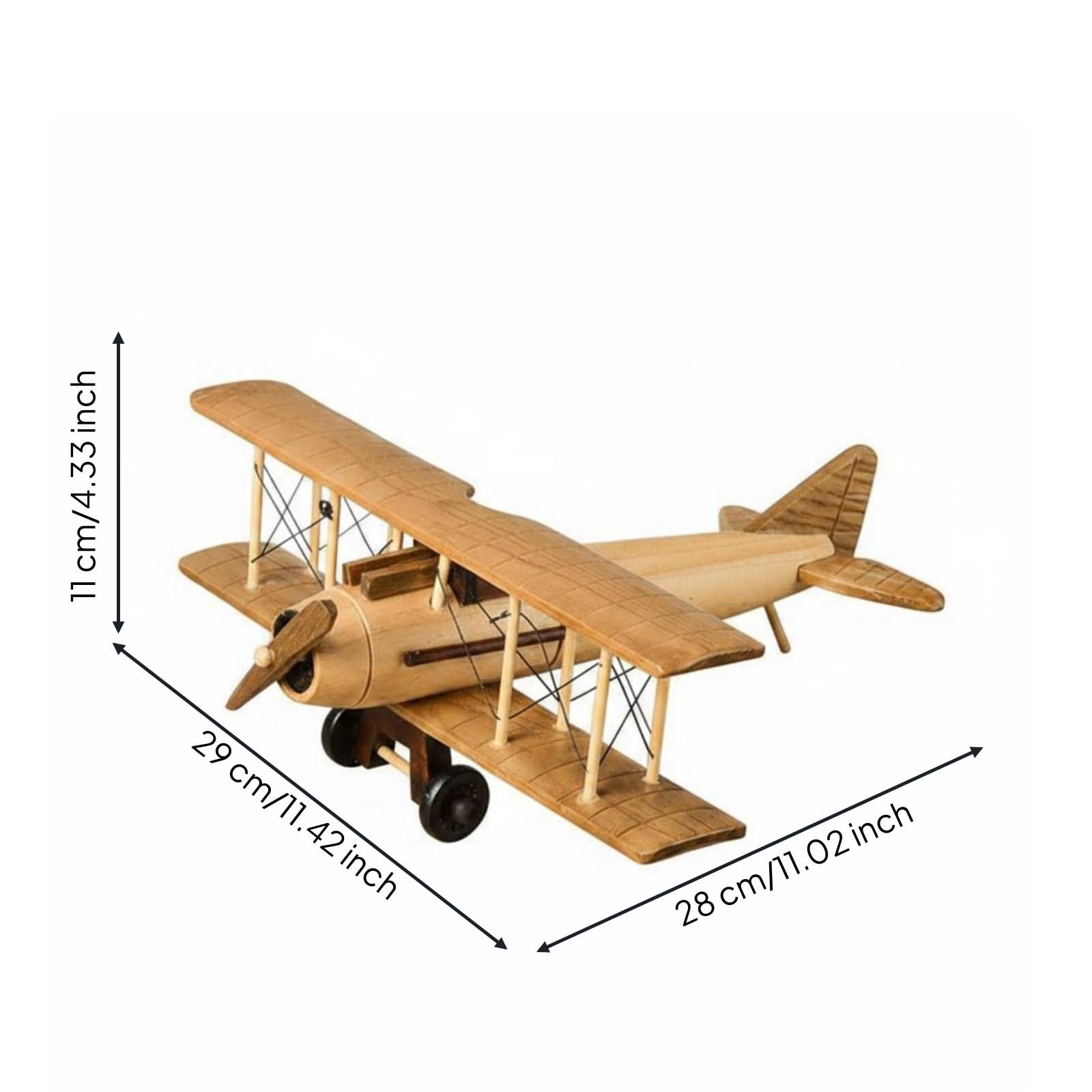 Holzflugzeugmodell Holzoptik Vintage Flugzeugmodell Antiker Look Flugzeug Deko, Doppeldecker-Flugzeugmodell, Holz, Hellbraun, 29x28x11 cm