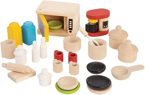 PlanToys 9406 - Accesorios para casa de muñecas de madera para cocina y vajilla madera