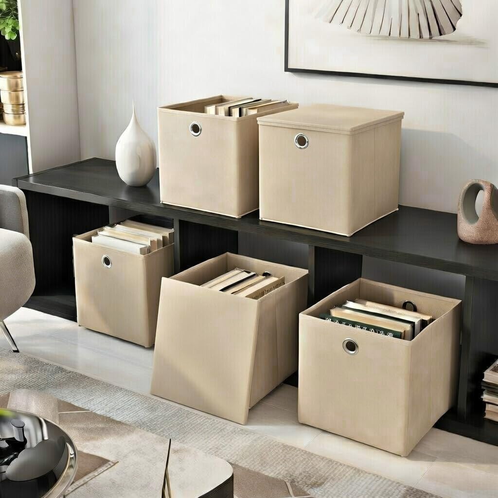 Stick&Shine 4x Aufbewahrungs Korb Creme Faltbox 32 x 32 x 32 cm Regalkorb faltbar mit Deckel