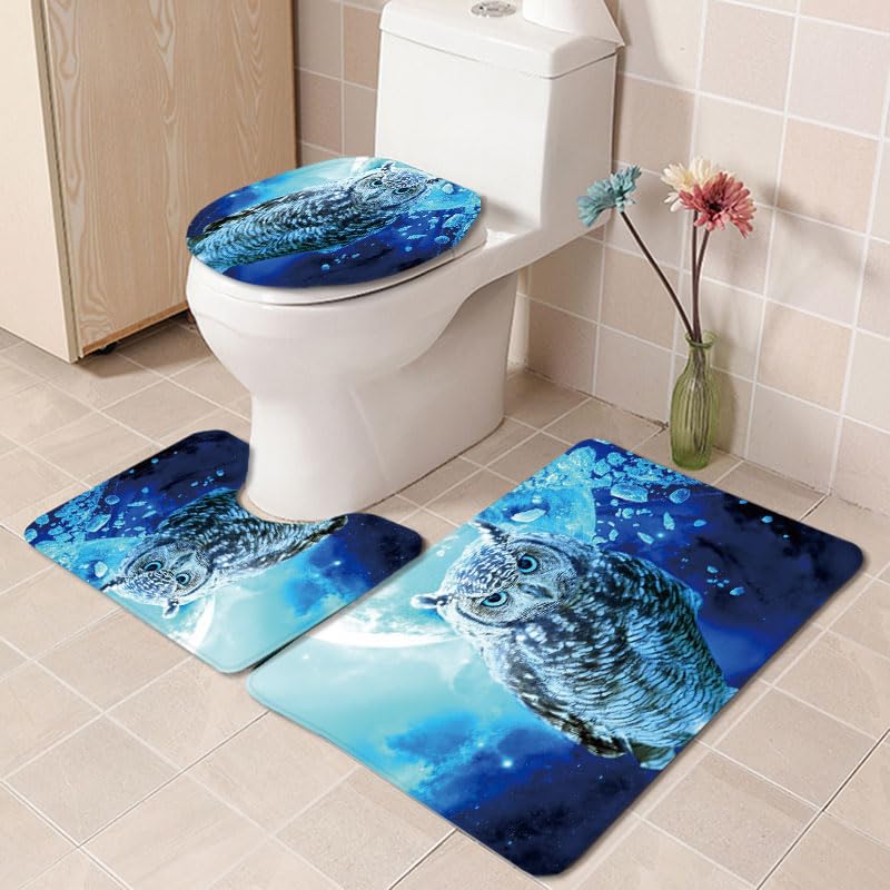 Tapis toilette hibou bleu microfibre antidérapant ensemble wc 3 pièces lavable