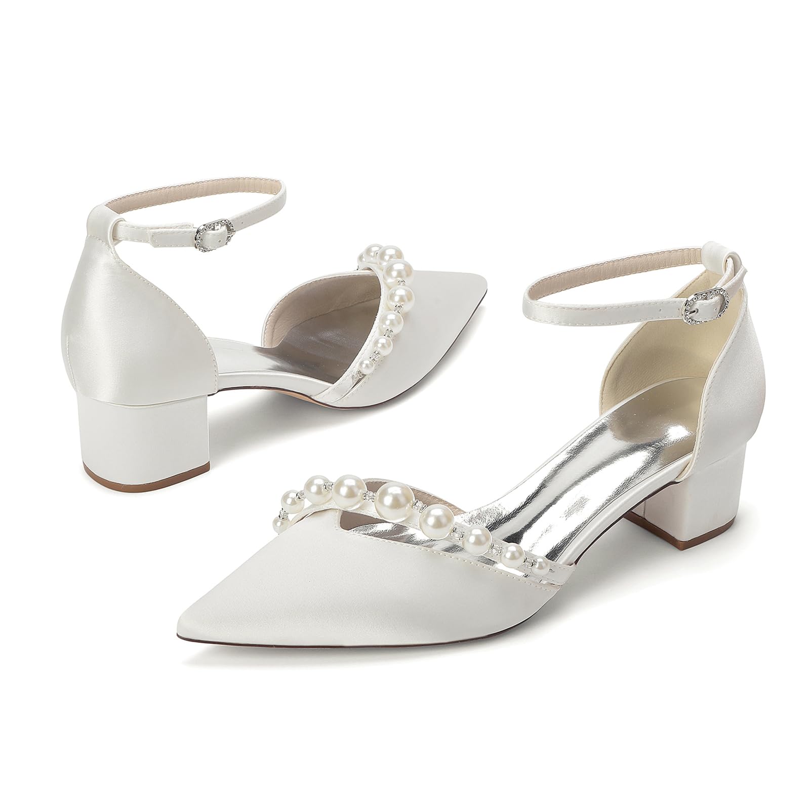 Buty Ślubne Damskie Kość Słoniowa Satynowe Czółenka na Słupku 4.5cm, Szpilki z Perłami i Paskiem wokół Kostki, Eleganckie Buty Wieczorowe