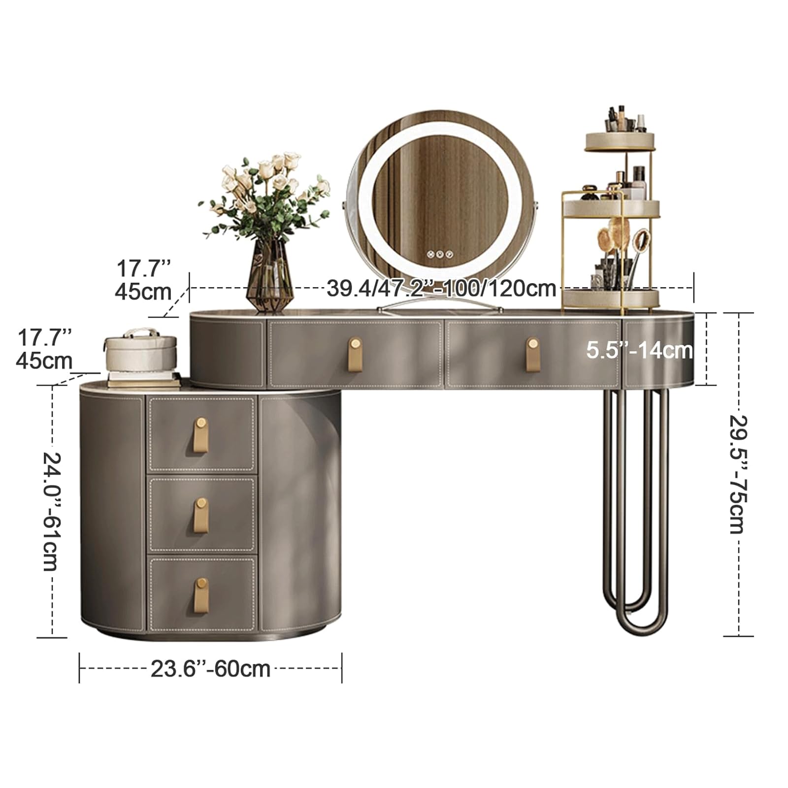 Amazon.com: Rieort Vanity Desk Faux Saddle Leather Dressing Table with  Intelligent Mirror Vanity Set 3 Colors Lighting 5 Drawers Makeup Table :  Home & Kitchen