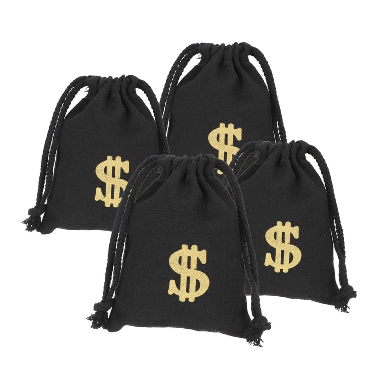 MaoNativey 4 Stück Kordelzugbeutel mit Dollarzeichen – Schwarze Geschenktüten für Geld, Süßigkeiten & Schmuck – Partybeutel mit Kordelzug – Aufbewahrungsbeutel für Hochzeit, Geburtstag, Events