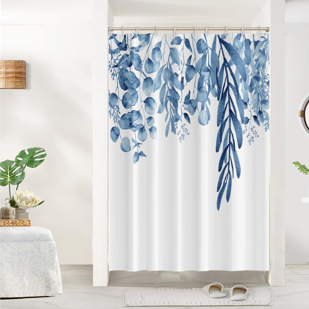 Uiiooazy Duschvorhang 150x180cm, Duschvorhang Anti Schimmel Eukalyptus Blau Blätter Aquarell Blumen Pflanzen Duschvorhänge Wasserdicht Polyester Stoff Waschbar Bad Vorhang mit 10 Haken für Badezimmer