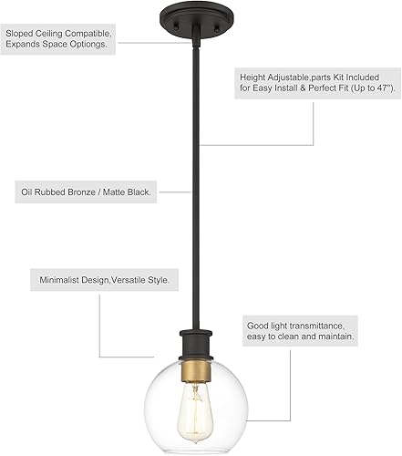 Miniatura 5 de Tawson Dan Modern Farmhouse - Lámpara de techo colgante de 1 luz con pantalla de cristal transparente de 6.5 pulgadas en acabado negro dorado para