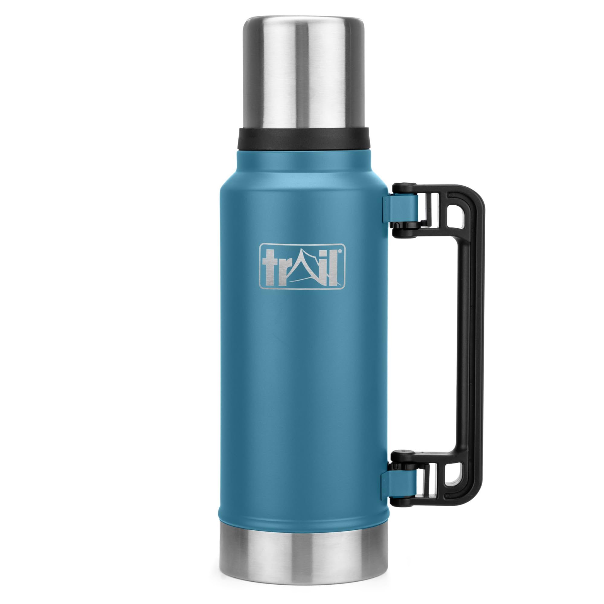 Trail Vacuum Flask with Handle 1000ml, Stainless Steel Thermal Flask for Camping, Hiking & Travel, Keeps Drinks Hot 12hrs / Cold 24hrs, Double Walled, Leak-Proof, Twist-&-Pour Stopper, Lid Cup (Teal)
