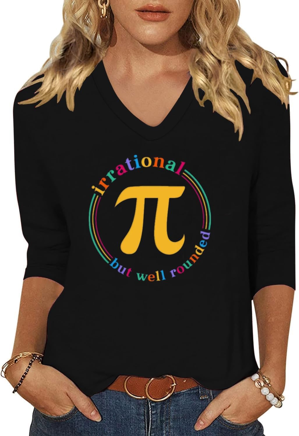 Pi Day Shirt for Women 3/4 Sleeve Math Teacher T-Shirt V Neck 3.14 Pi Symbol Graphic Shirts Casual Tee Tops