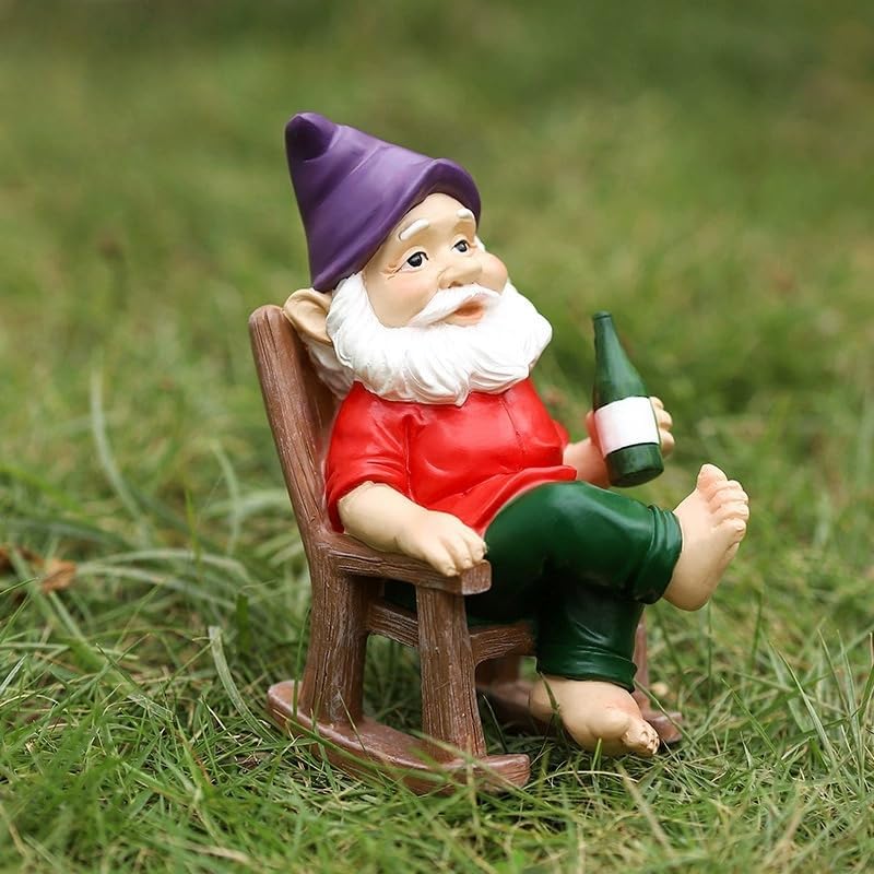 Outdoor Funny Garden Gnomes Decoration Resin Sculpture Rocking Chair Drinking Gnome Statue For Pation Yard Lawn Indoor Tabletop Home(Red)