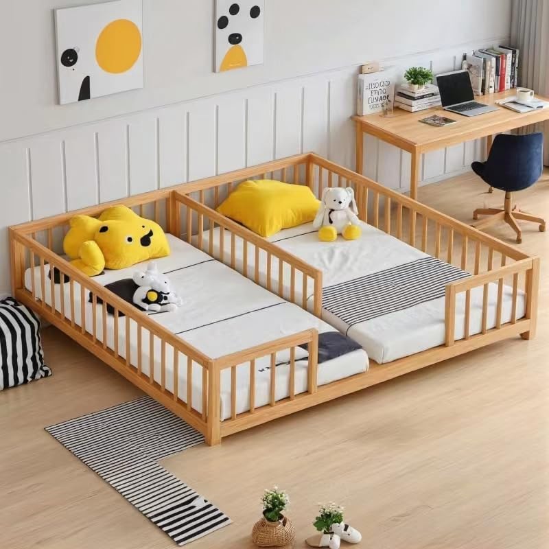 The DNYN Twin Size Double Montessori Floor Bed fully assembled with mattresses and bedding, in a child's bedroom setting.