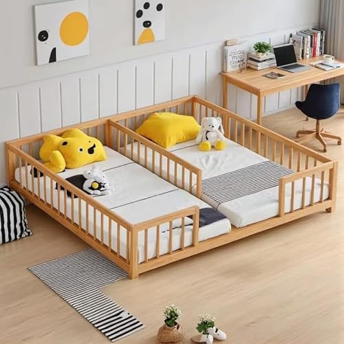 DNYN Twin Size Double Montessori Floor Bed for Kids Bedroom,Solid Wood Bedframe w/Fence,Easy Assemble & Space Saving Design & No Box Spring Needed, Natural