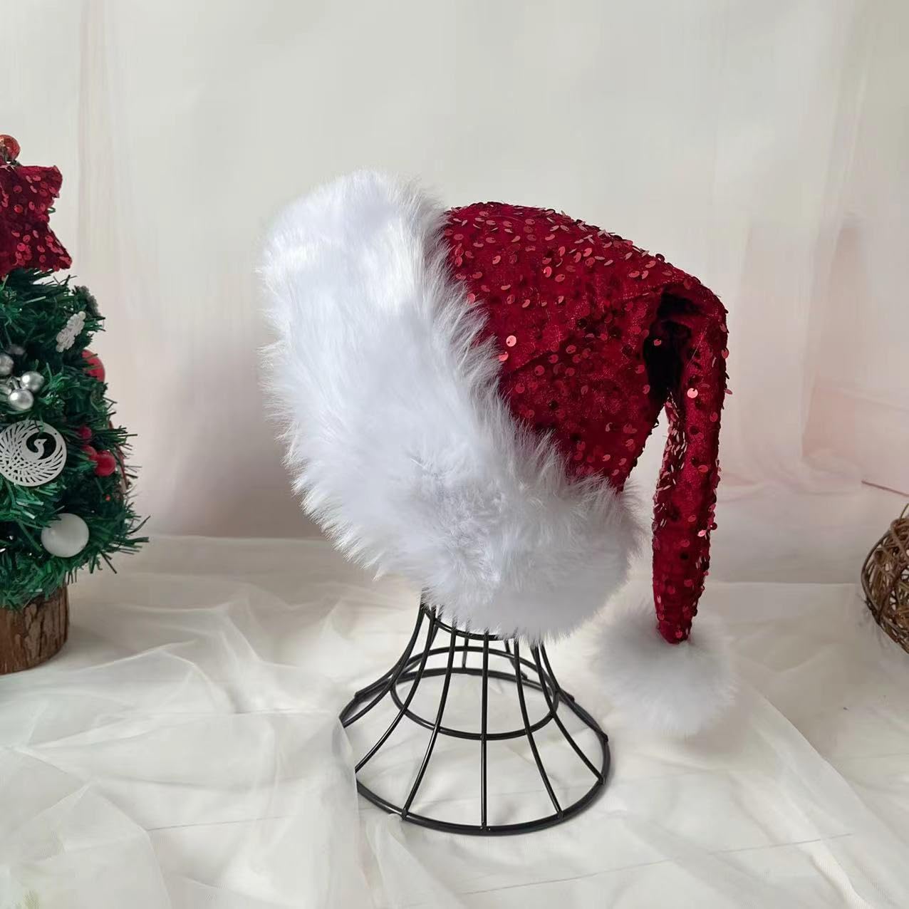 LLUOXI Red Sequined Santa Hat, Luxury Plush Velvet Christmas Hat for Adults & Kids - Image 2