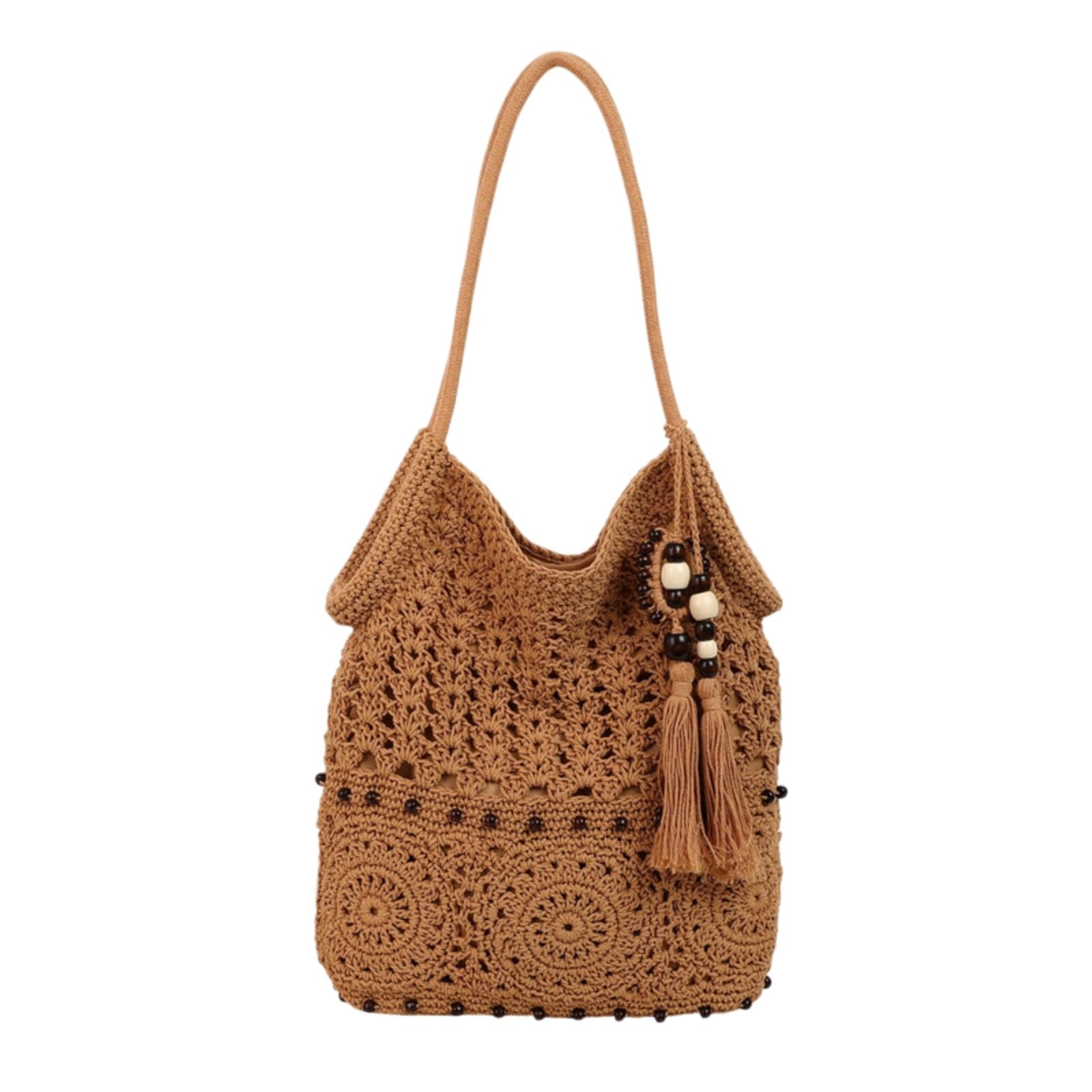 Beauty Case Donne Tassel Borsa Elegante Hollow out Design A Spalla Spiaggia Leggera per Le Vacanze Estive-Khaki