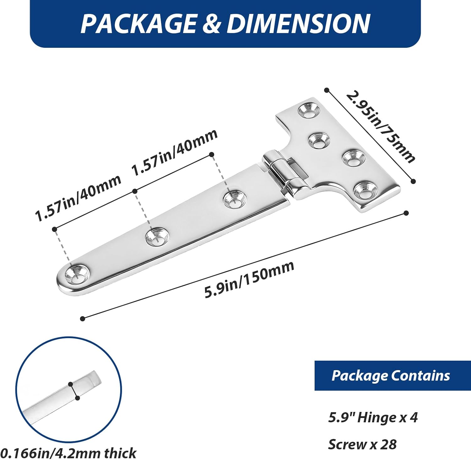 Heavy Duty Stainless Steel T Hinge - Marine Grade 316 Hinges for Boat Hatches, Toolbox, Doors & Gates (6x3 Inch-4 Pack)