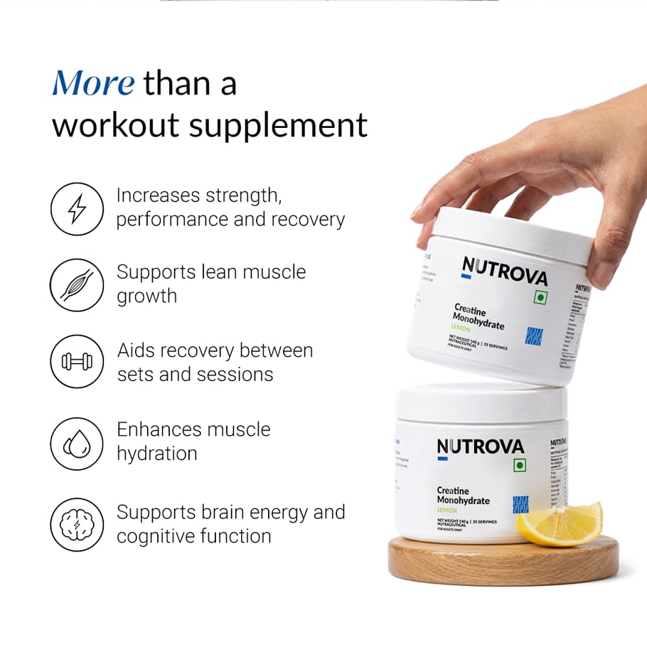 Image of NUTROVA Creatine Monohydrate (Lemon) | 100% Micronised | Boosts ATP | Third-Party Tested Batch by Batch | Supports Strength, Recovery & Brain Energy | 0 Calories | 35 Servings | 140g