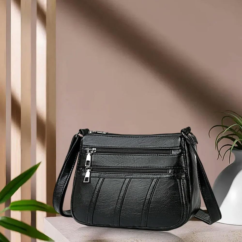 ZBDZSW Bolso Bandolera Estilo Retro de Moda para Mujer, Bolso de Mensajero Informal de Cuero PU, Bolso de Hombro con Correa Larga, Negro Black