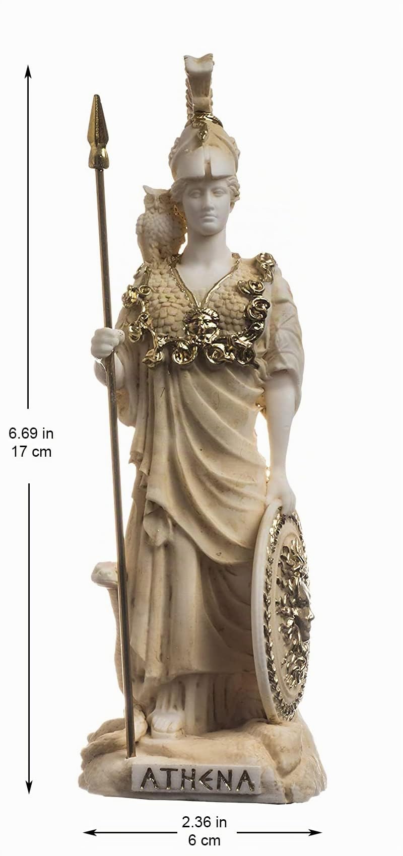 BeautifulGreekStatues Atena con gufo Medusa con scudo greco dea in alabastro statua oro 17 cm
