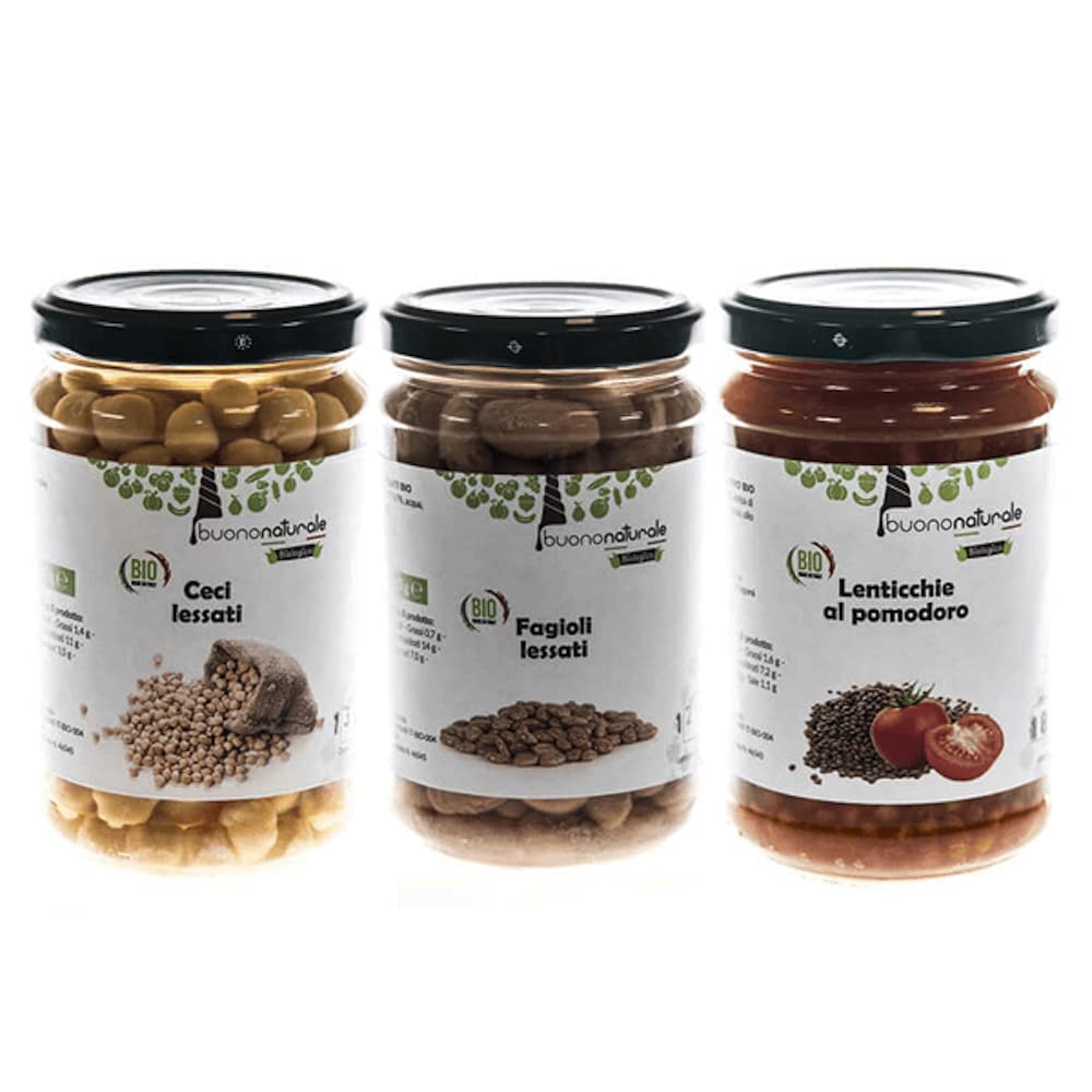 buononaturale Boîte aux légumes BIO 1,8kg — mélange de légumineuses italiennes bouillies: 2pcs Lentilles au tomate BIO, 2pcs Haricots borlotti bouillis BIO et 2pcs Pois chiches bouillis BIO (6x300g)